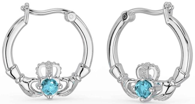 Aquamarine Silver Claddagh Dangle Earrings