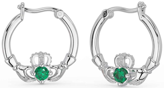 Emerald Silver Claddagh Dangle Earrings