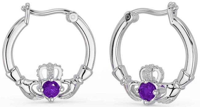 Amethyst White Gold Claddagh Dangle Earrings