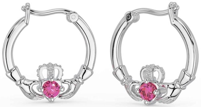 Pink Tourmaline White Gold Claddagh Dangle Earrings