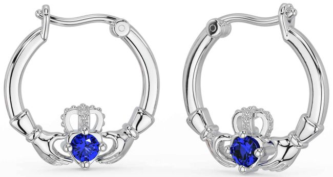 Sapphire White Gold Claddagh Dangle Earrings