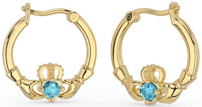 Aquamarine Gold Claddagh Dangle Earrings