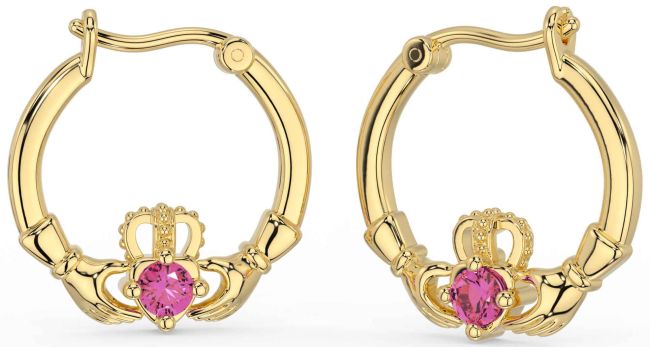 Pink Tourmaline Gold Claddagh Dangle Earrings