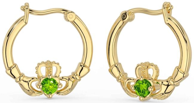 Peridot Gold Claddagh Dangle Earrings