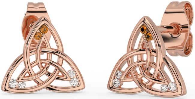Diamond Citrine Rose Gold Celtic Trinity Knot Stud Earrings