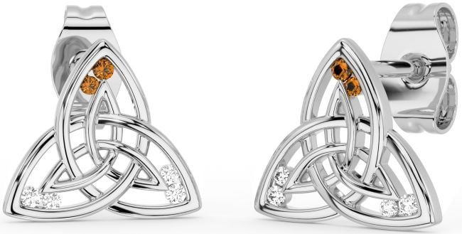 Diamond Citrine Silver Celtic Trinity Knot Stud Earrings