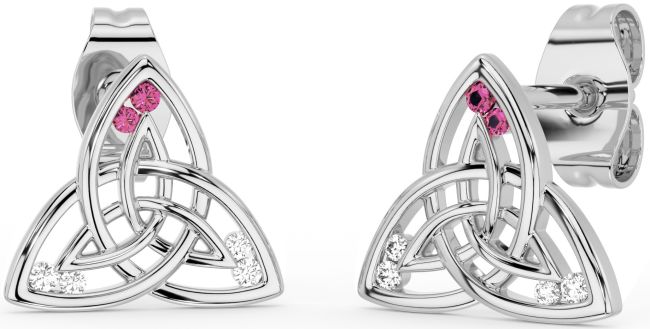 Diamond Pink Tourmaline Silver Celtic Trinity Knot Stud Earrings