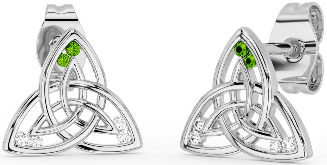 Diamond Peridot Silver Celtic Trinity Knot Stud Earrings