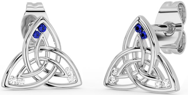 Diamond Sapphire Silver Celtic Trinity Knot Stud Earrings