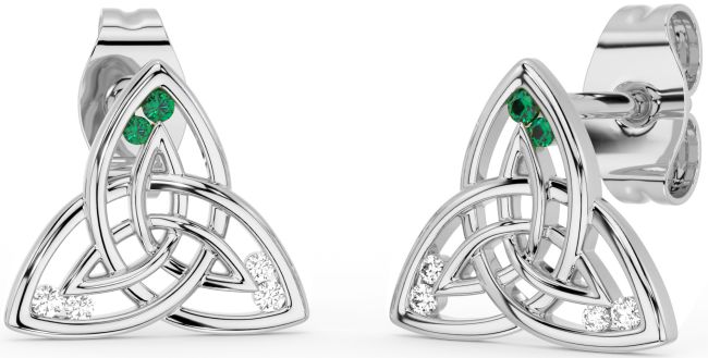 Diamond Emerald White Gold Celtic Trinity Knot Stud Earrings