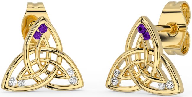 Diamond Amethyst Gold Celtic Trinity Knot Stud Earrings