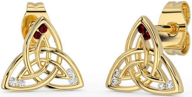 Diamond Garnet Gold Celtic Trinity Knot Stud Earrings