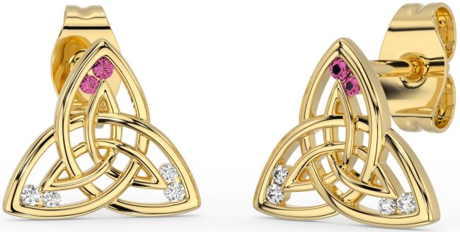 Diamond Pink Tourmaline Gold Celtic Trinity Knot Stud Earrings