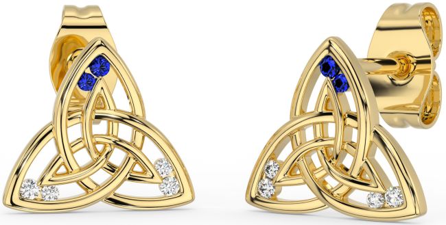 Diamond Sapphire Gold Celtic Trinity Knot Stud Earrings