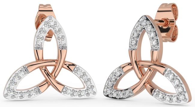 Diamond Rose Gold Silver Celtic Trinity Knot Stud Earrings