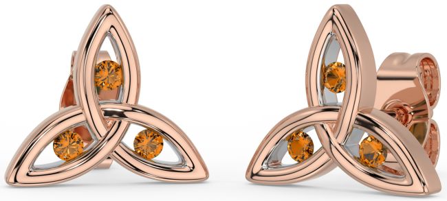 Citrine Rose Gold Silver Celtic Trinity Knot Stud Earrings