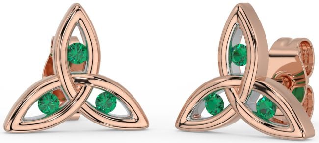 Emerald Rose Gold Silver Celtic Trinity Knot Stud Earrings