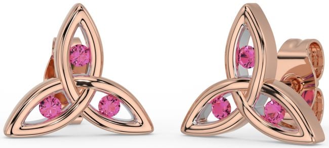 Pink Tourmaline Rose Gold Silver Celtic Trinity Knot Stud Earrings