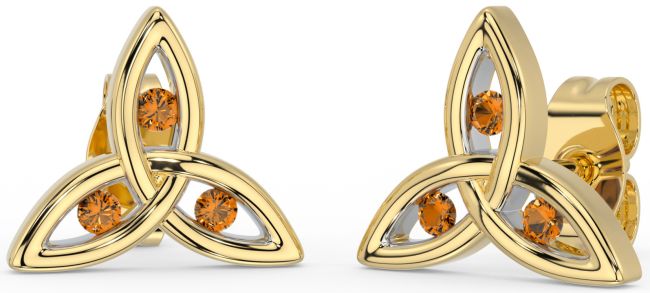 Citrine Gold Silver Celtic Trinity Knot Stud Earrings