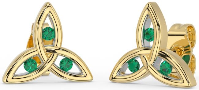 Emerald Gold Silver Celtic Trinity Knot Stud Earrings