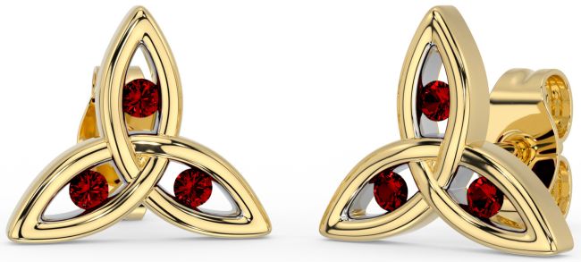 Garnet Gold Silver Celtic Trinity Knot Stud Earrings