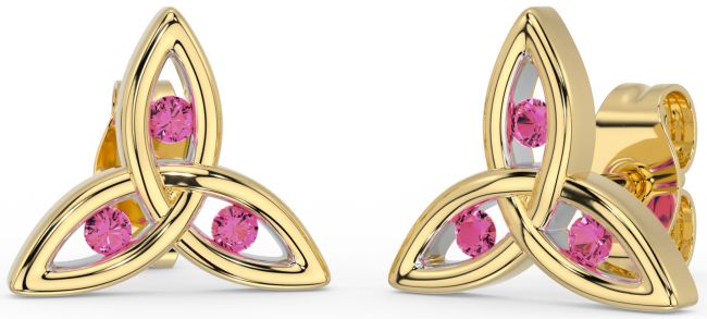 Pink Tourmaline Gold Silver Celtic Trinity Knot Stud Earrings