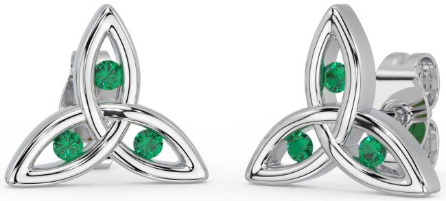 Emerald White Gold Celtic Trinity Knot Stud Earrings