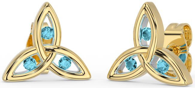 Aquamarine Gold Celtic Trinity Knot Stud Earrings