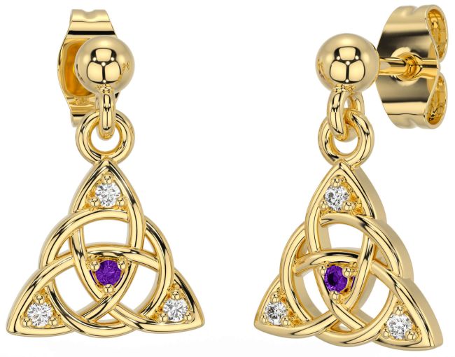 Diamond Amethyst Gold Silver Celtic Trinity Knot Dangle Earrings