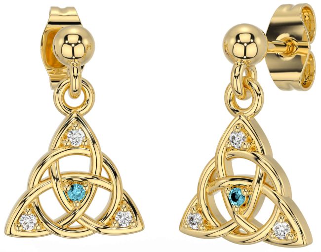 Diamond Aquamarine Gold Silver Celtic Trinity Knot Dangle Earrings