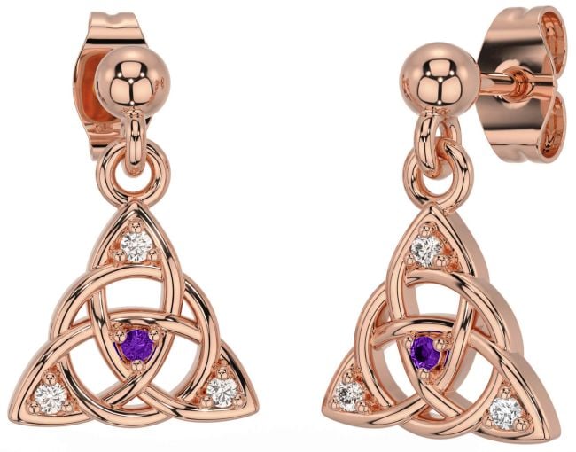 Diamond Amethyst Rose Gold Celtic Trinity Knot Dangle Earrings