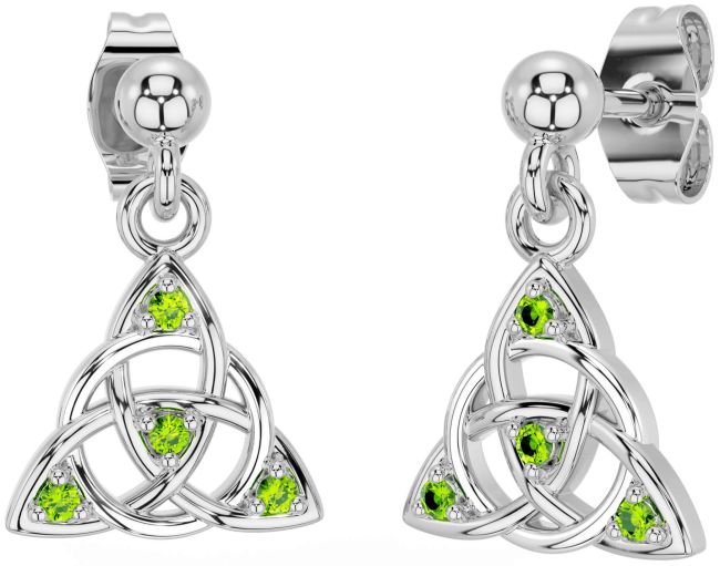 Diamond Peridot Silver Celtic Trinity Knot Dangle Earrings