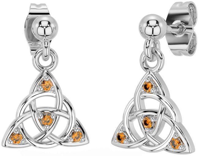 Diamond Citrine White Gold Celtic Trinity Knot Dangle Earrings