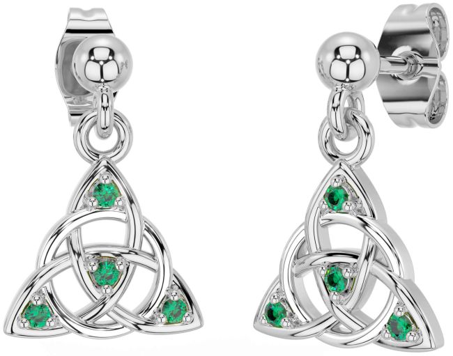 Diamond Emerald White Gold Celtic Trinity Knot Dangle Earrings