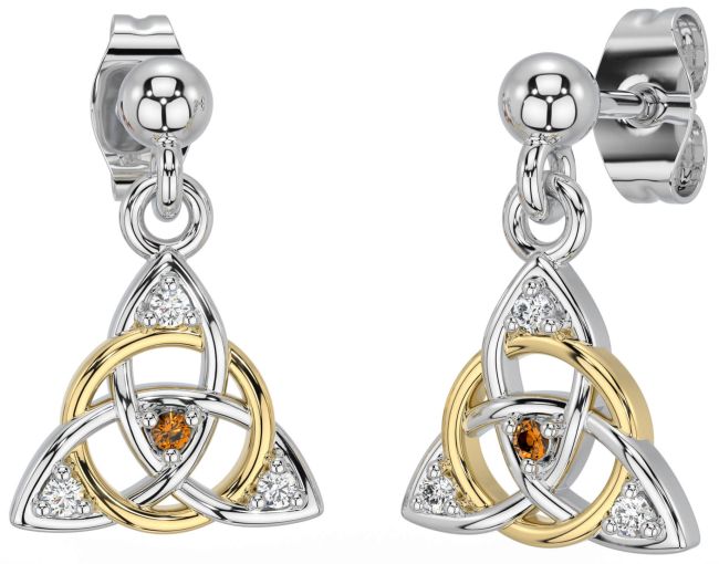 Diamond Citrine White Yellow Gold Celtic Trinity Knot Dangle Earrings