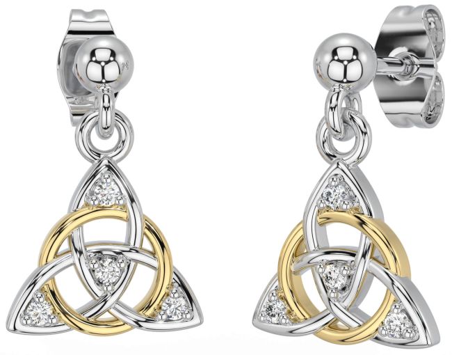 Diamond White Yellow Gold Celtic Trinity Knot Dangle Earrings