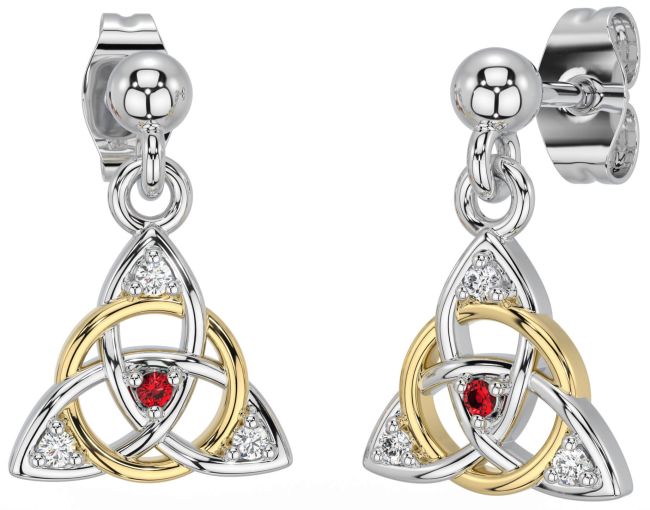 Diamond Ruby White Yellow Gold Celtic Trinity Knot Dangle Earrings