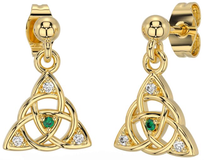 Diamond Emerald Gold Celtic Trinity Knot Dangle Earrings