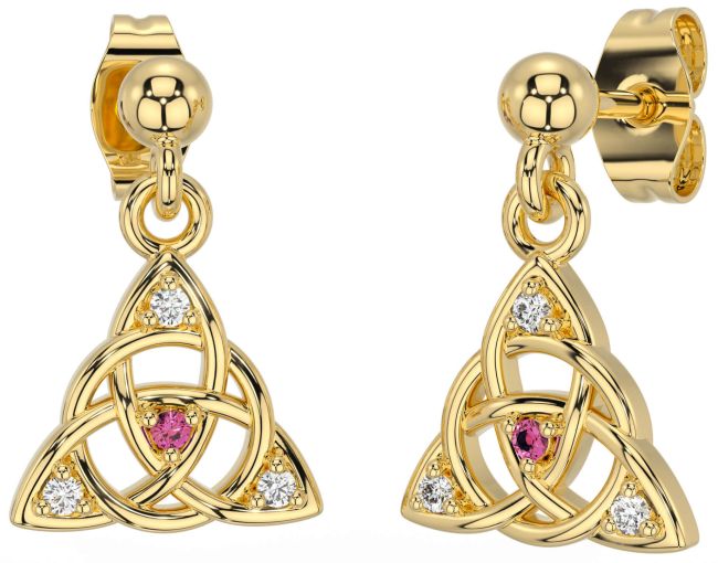 Diamond Pink Tourmaline Gold Celtic Trinity Knot Dangle Earrings