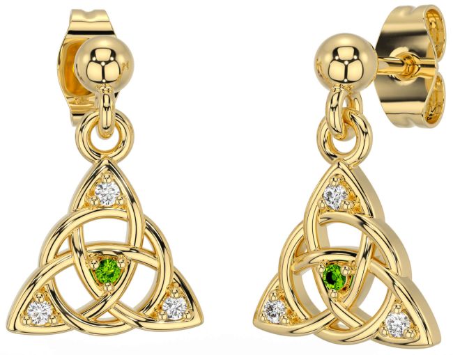 Diamante Peridoto Oro céltico Trinidad Nudo Colgar Pendientes