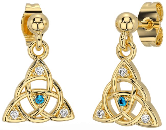 Diamond Topaz Gold Celtic Trinity Knot Dangle Earrings