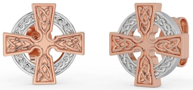 White Rose Gold Celtic Cross Stud Earrings