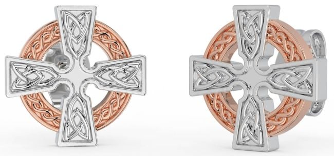 White Rose Gold Celtic Cross Stud Earrings