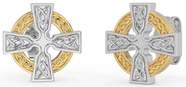 White Yellow Gold Celtic Cross Stud Earrings