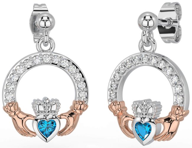 Diamond Topaz Rose Gold Silver Claddagh Dangle Earrings