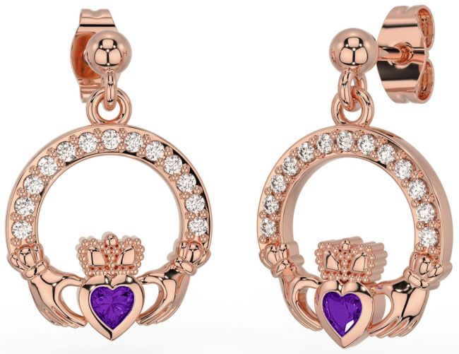 Diamond Amethyst Rose Gold Silver Claddagh Dangle Earrings