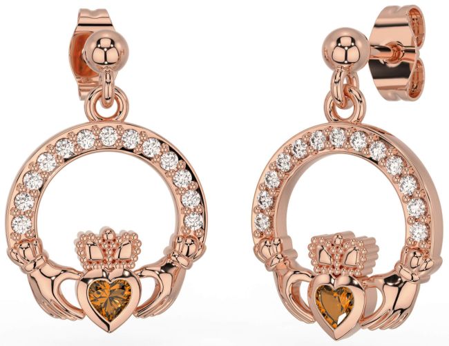 Diamond Citrine Rose Gold Silver Claddagh Dangle Earrings