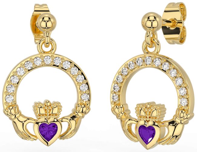 Diamond Amethyst Gold Silver Claddagh Dangle Earrings