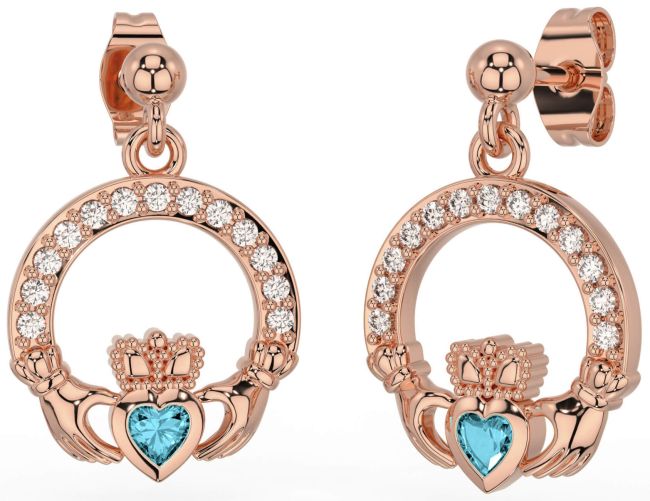 Diamond Aquamarine Rose Gold Claddagh Dangle Earrings