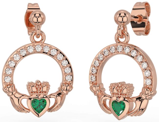 Diamond Emerald Rose Gold Claddagh Dangle Earrings